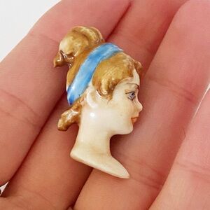 Vintage hand painted portrait girl bust head ceramic brooch
